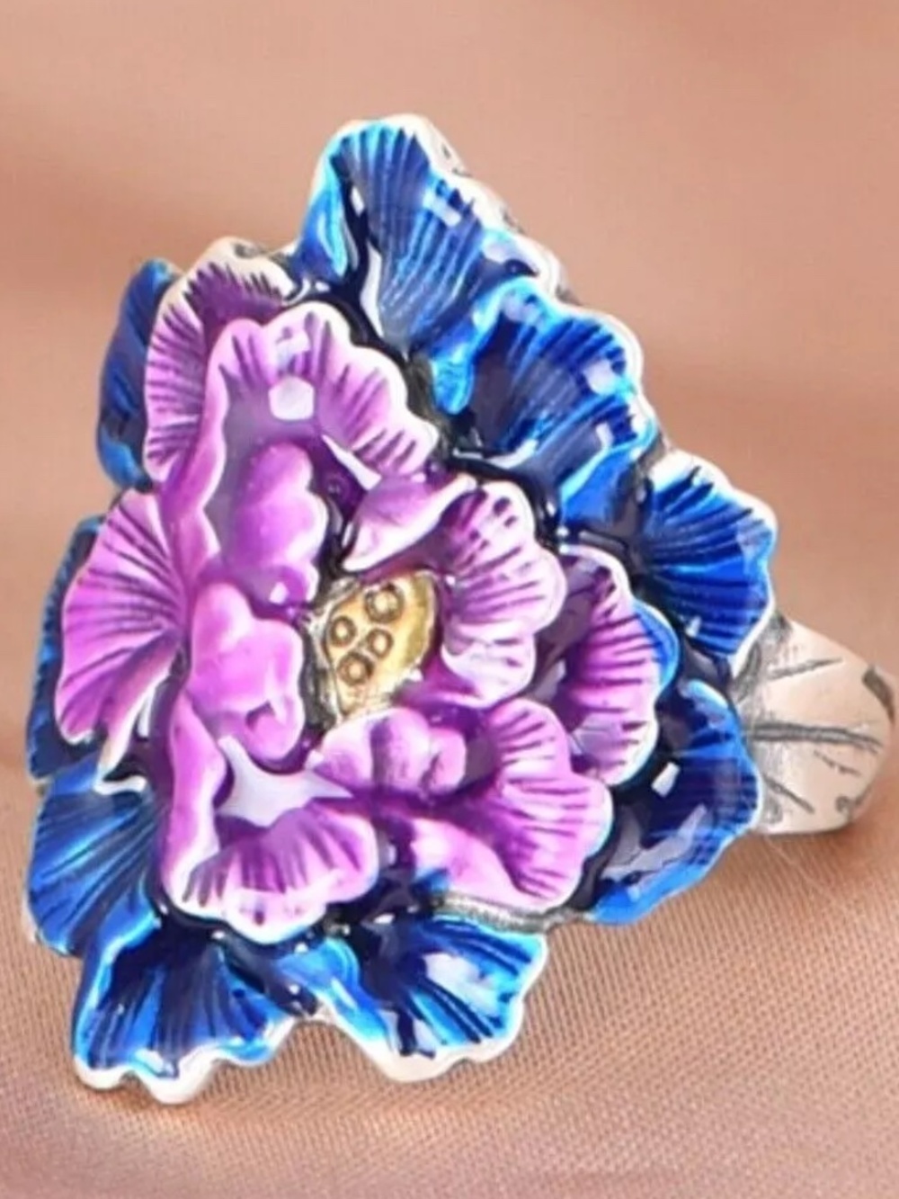Pure S990 Fine Silver Band Lucky Women Enamel Big Peony Flower Ring
